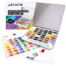 Artistik Watercolour Paint Set - 42 Pans Richly Pigmented Artist Quality Colours Includes 6 Vibrant Metallics, 1 Waterbrush Pen in a Metal Tin, for