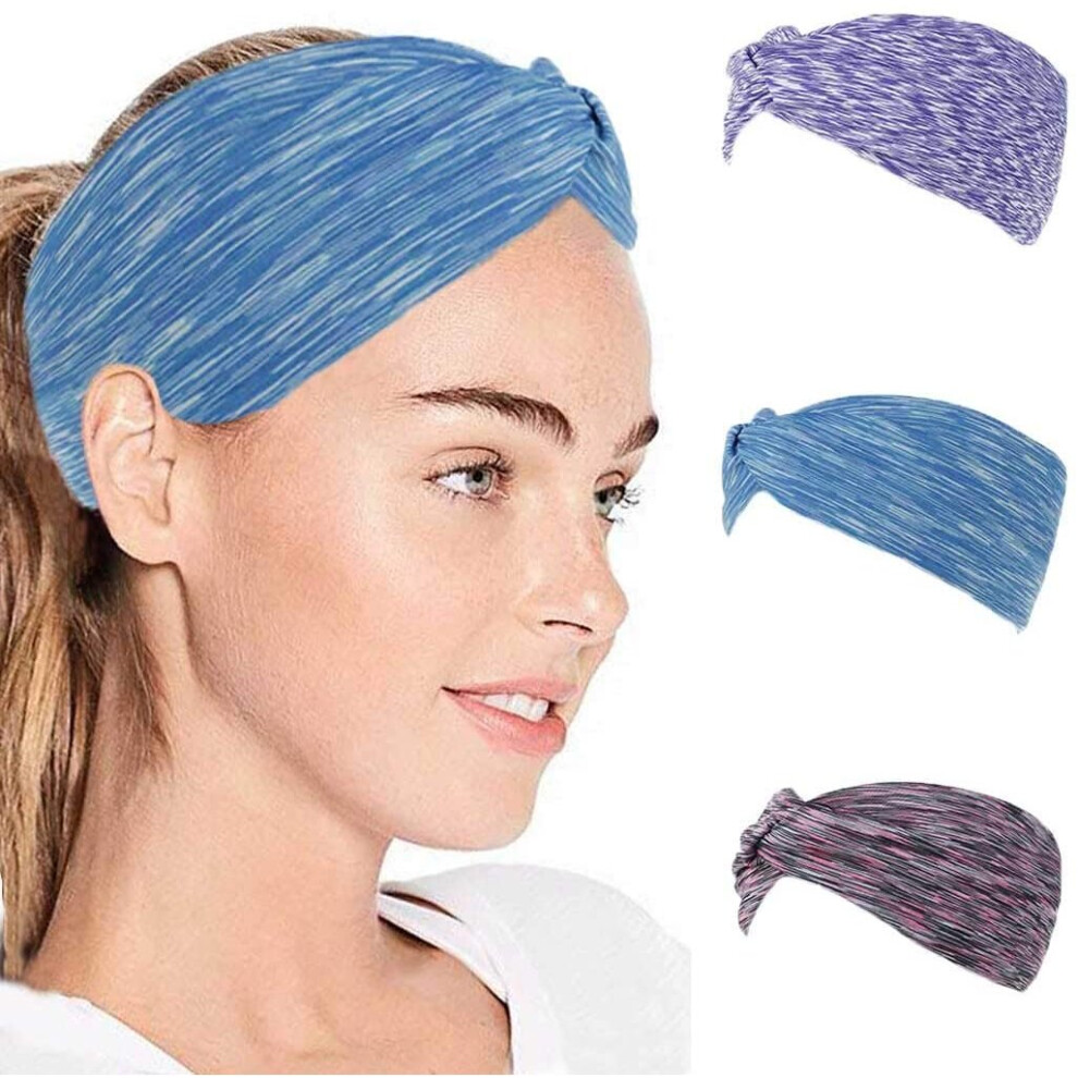 IYOU Fashion Headbands Yoga Stretchy Sweatband Blue Sport Elastic Hair bands Knotted Wide Head Wraps for Women and Girls(pack of 3)