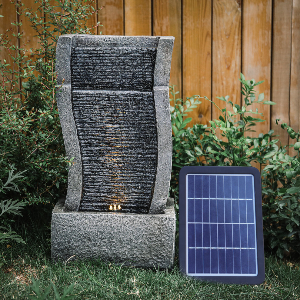 Vertical Slate Solar Water Fountain Feature with 6 LED Light Falls Garden Decor