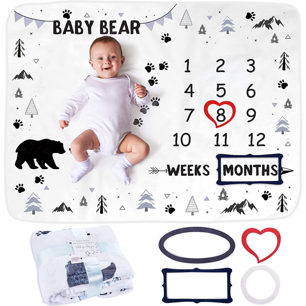 Baby Milestone Blanket | Newborn Photo Mat for Boy or Girl, Unisex | Baby Age Blanket | Personalized Bear & Woodland Theme | Soft, Thick & Comfortable