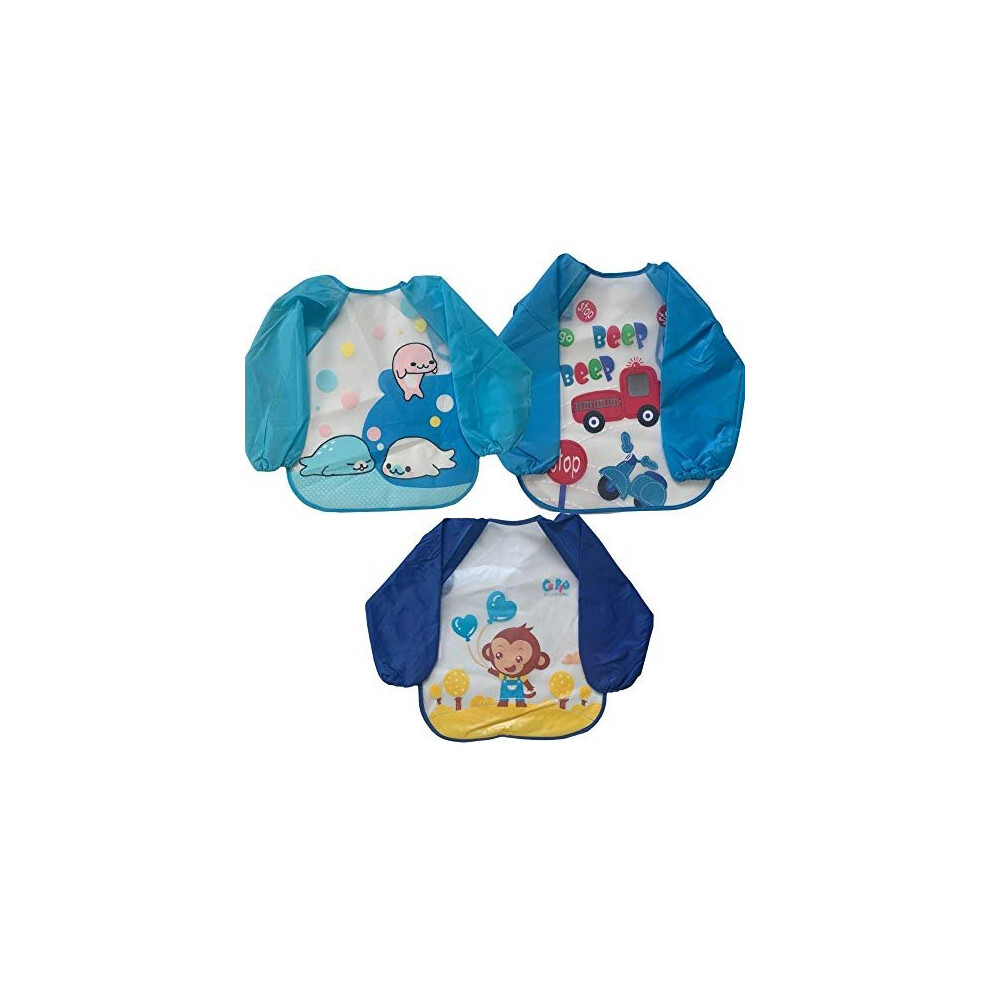 3Pcs Long Sleeve Waterproof Baby Weaning Coverall Bibs For Toddler Infant Girls And Boys Aged 6 Months To 3 Years Feeding Apron Bib (Blue) Blue Showcan