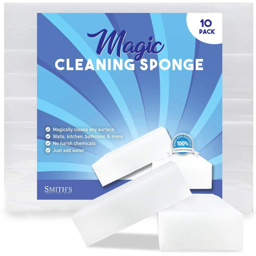 (10 Pack) Smith's Magic Cleaning Eraser Sponge - 2X Longer Lasting Melamine Sponges - Multi Surface Power Scrubber Foam Pads - Bathtub, Floor,
