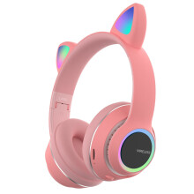 (Pink) Cute Cat Ear bluetooth Headset Foldable HiFi Music Headphone Supports TF Card FM with Mic