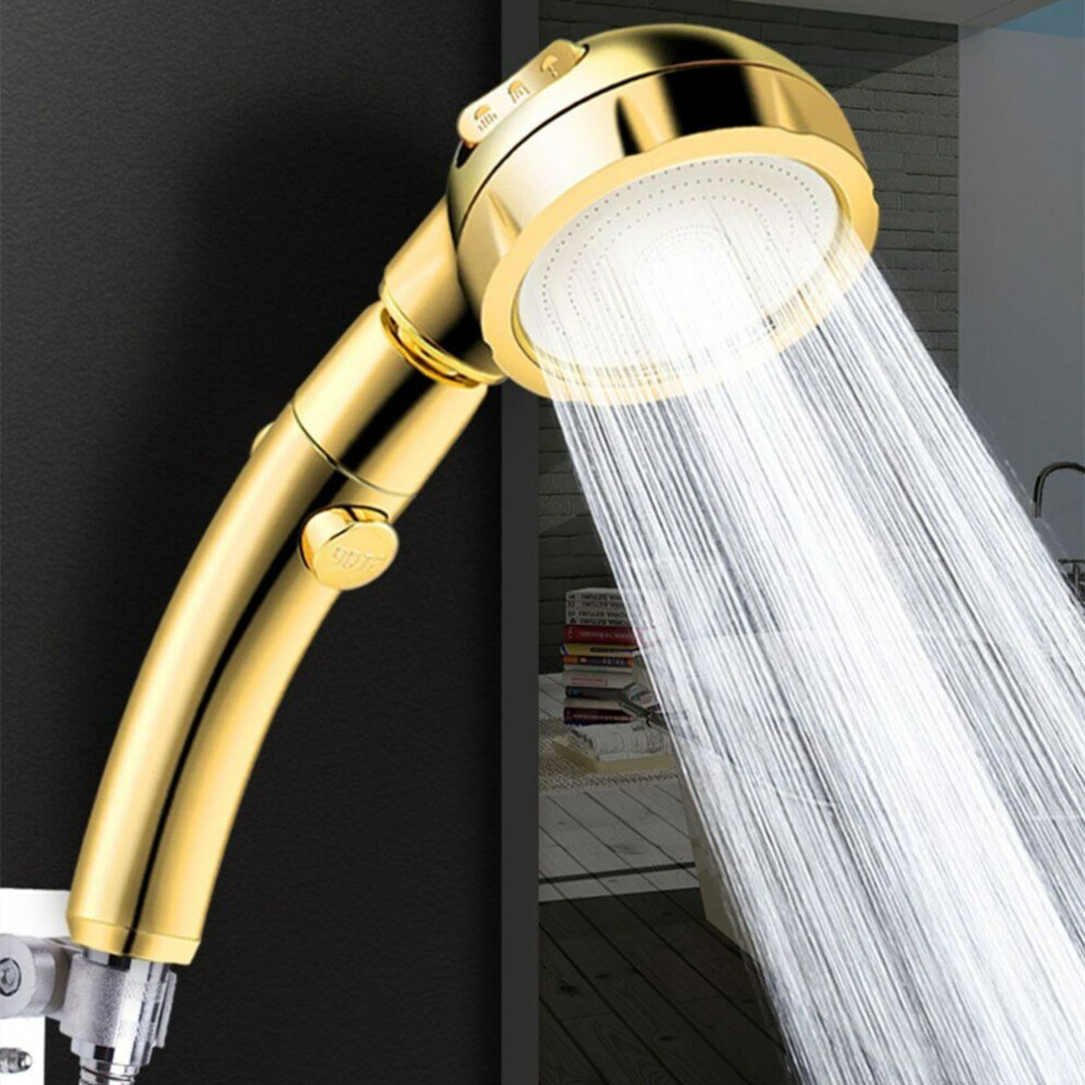 (Gold) 3 Modes Showerhead 360 Degree Rotating Spa High Pressure One Button Stop Shower Head Bathroom