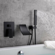 (Black) Waterfall Wall-Mount Tub Faucet with Handheld Shower Head Chrome Spout Bathtub Hand Solid Brass Wall Mount Filler for Bathroom