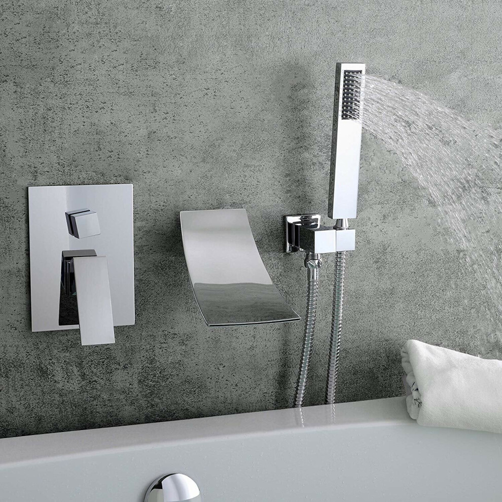 (Silver) Waterfall Wall-Mount Tub Faucet with Handheld Shower Head Chrome Spout Bathtub Hand Solid Brass Wall Mount Filler for Bathroom