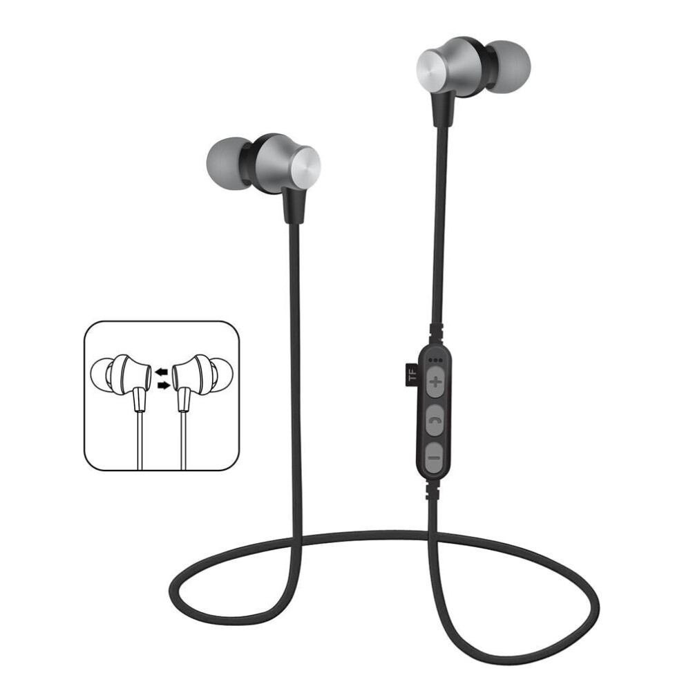 (Grey) Bluetooth Earphone Magnetic Adsorption Heavy Bass Tf Card Sports Headphone Earbuds Grey 6112212042069