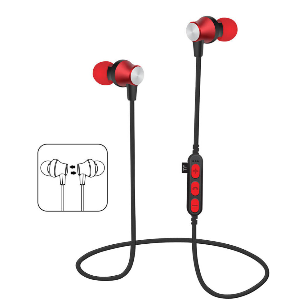 (Red) Bluetooth Earphone Magnetic Adsorption Heavy Bass Tf Card Sports Headphone Earbuds Red 6112211951966