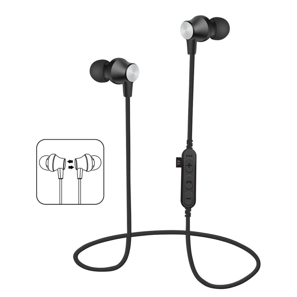 (Black) Bluetooth Earphone Magnetic Adsorption Heavy Bass Tf Card Sports Headphone Earbuds Black 6112211951973
