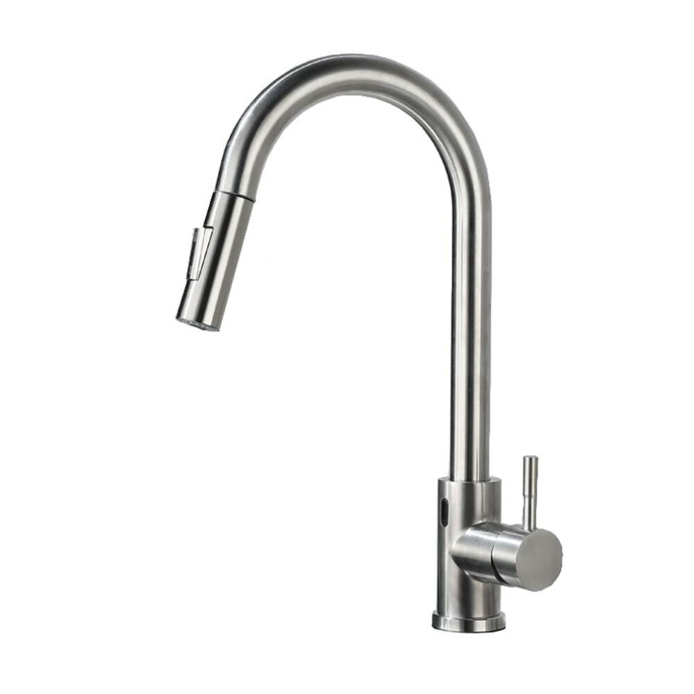 (Silver) Touch Sensor Kitchen Sink Pull Out Faucet Stainless Steel With Down Sprayer Rotary Household Bathroom Hot And Cold Mixer Tap Inlet Pipe