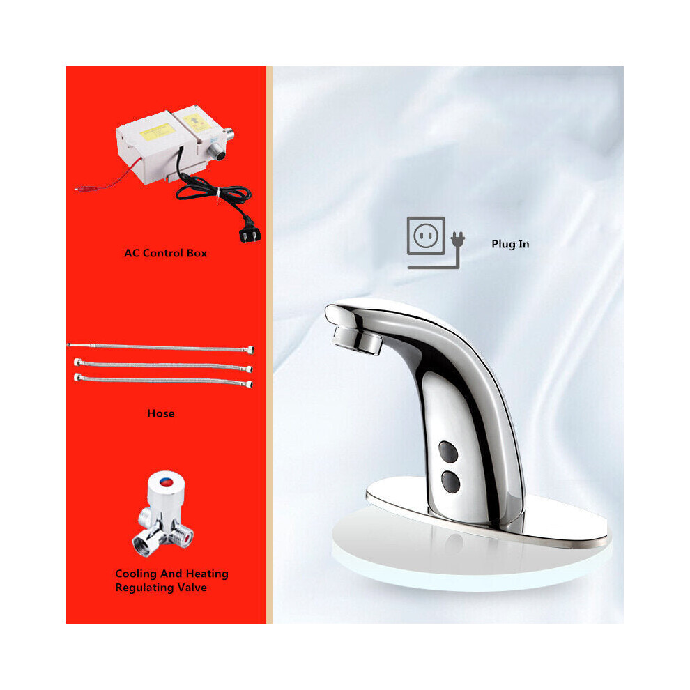 (AC Power - Hot and Cold) Automatic Touchless Sensor Faucet Bathroom Sink Smart Hands Free Water Tap Hot and Cold Mixer Control Chrome Finish