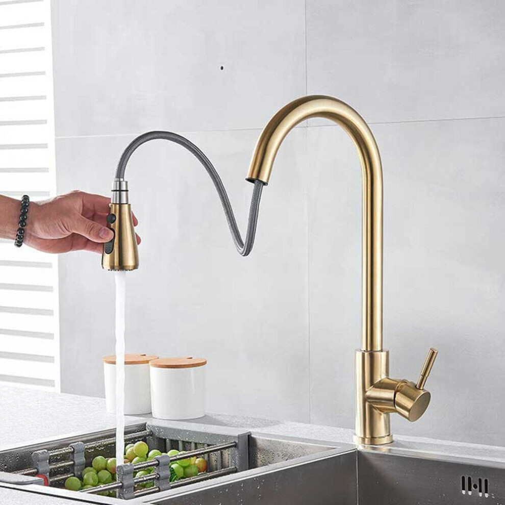 Photos - Tap GreenZech Brushed Gold Hot Cold Kitchen Sink Faucets Brass 360 Rotation Single Lever Pull Out Mixers  