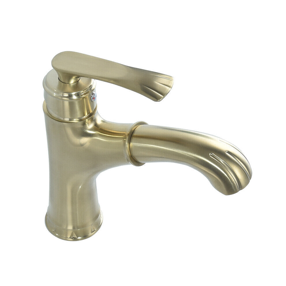 (Brushed Gold) Copper Bathroom Basin Faucet Pull Out Spring Sprayer Tap Hot and Cold Water Single Hole Deck Mount Mixer