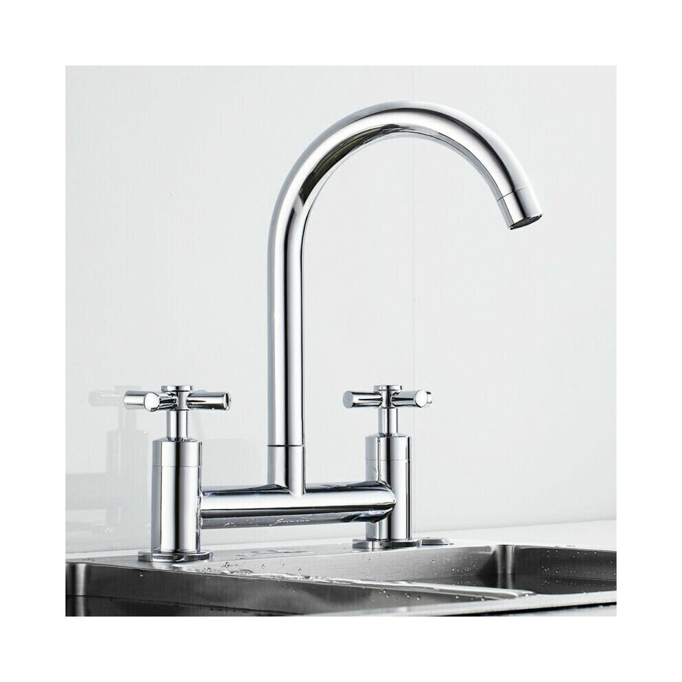 Modern Kitchen Sink Faucet Hot Cold Mixer Taps Swivel Spout Dual Lever Tap Mono Chrome