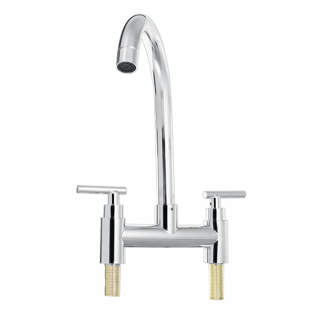 Modern Dual Lever Chrome Kitchen Sink Faucet Hot Cold Mixer Taps Deck Mounted Tap 2 Hole