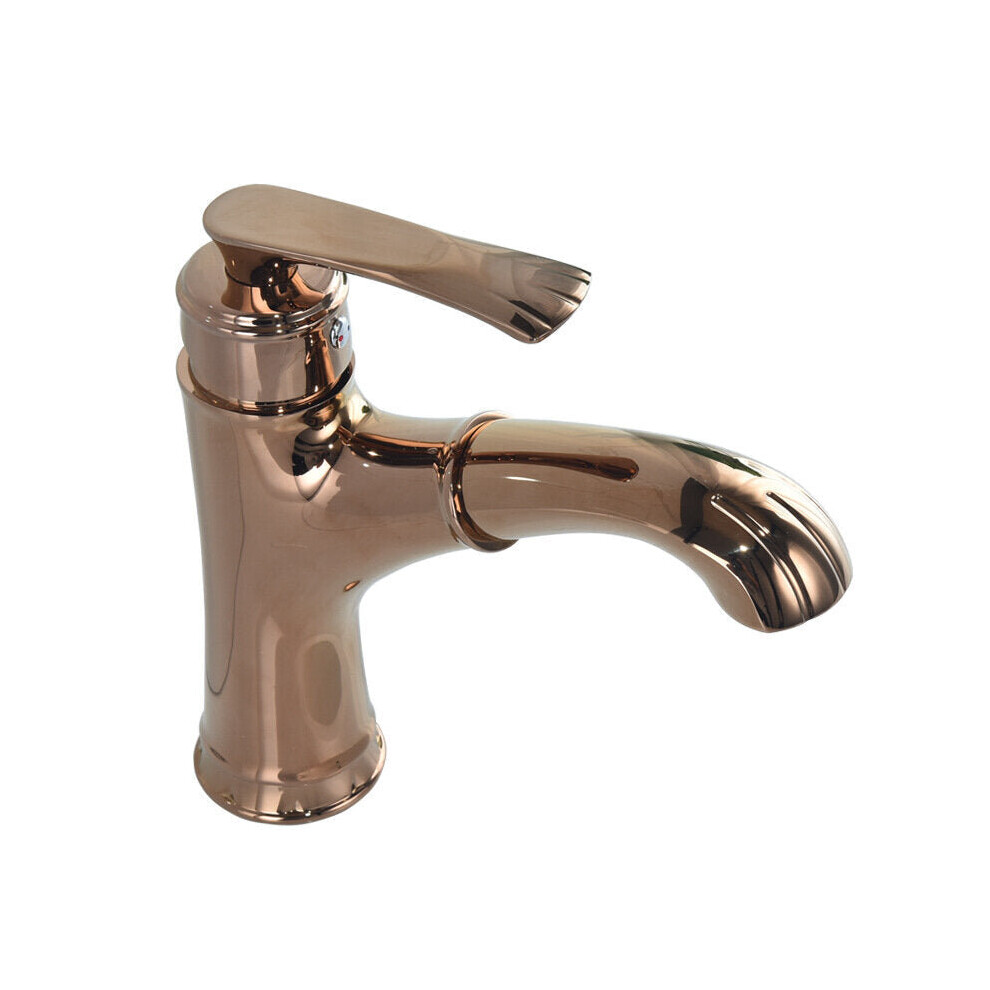 (Rose Gold) Copper Bathroom Basin Faucet Pull Out Spring Sprayer Tap Hot and Cold Water Single Hole Deck Mount Mixer