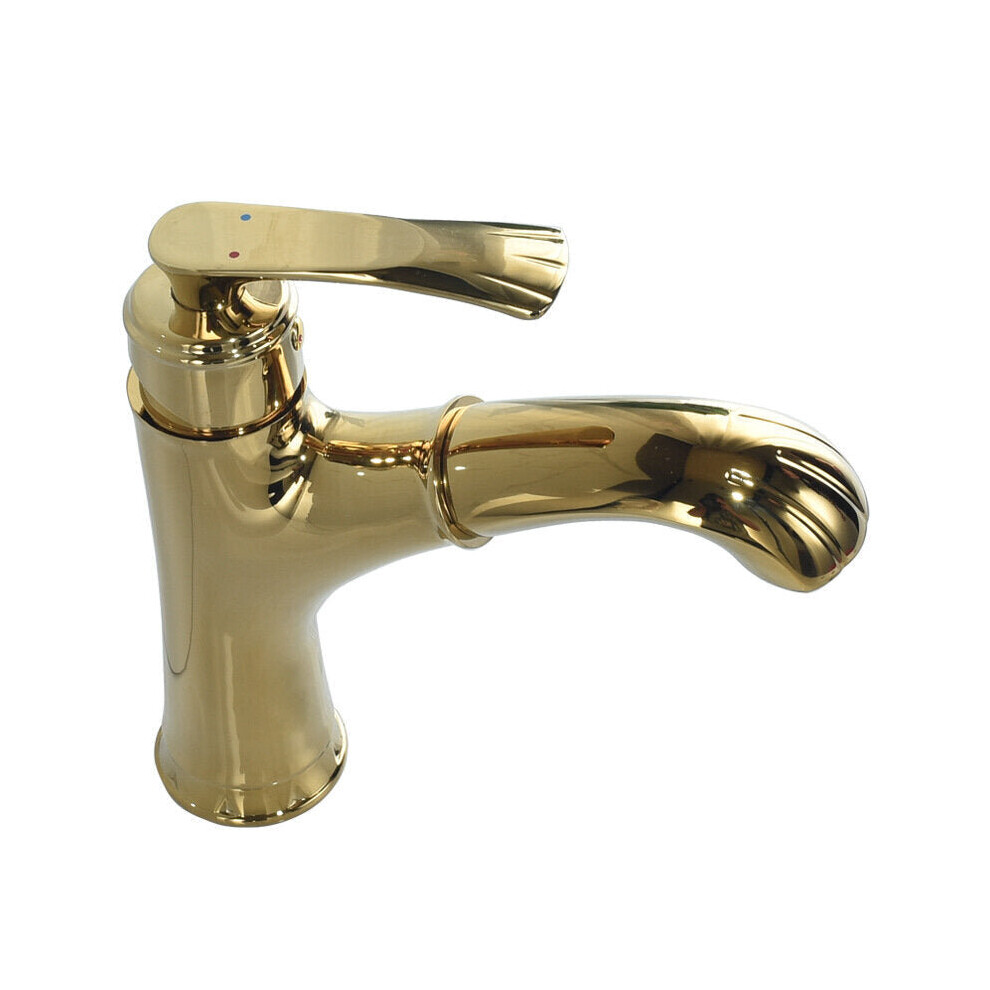 (Gold) Copper Bathroom Basin Faucet Pull Out Spring Sprayer Tap Hot and Cold Water Single Hole Deck Mount Mixer