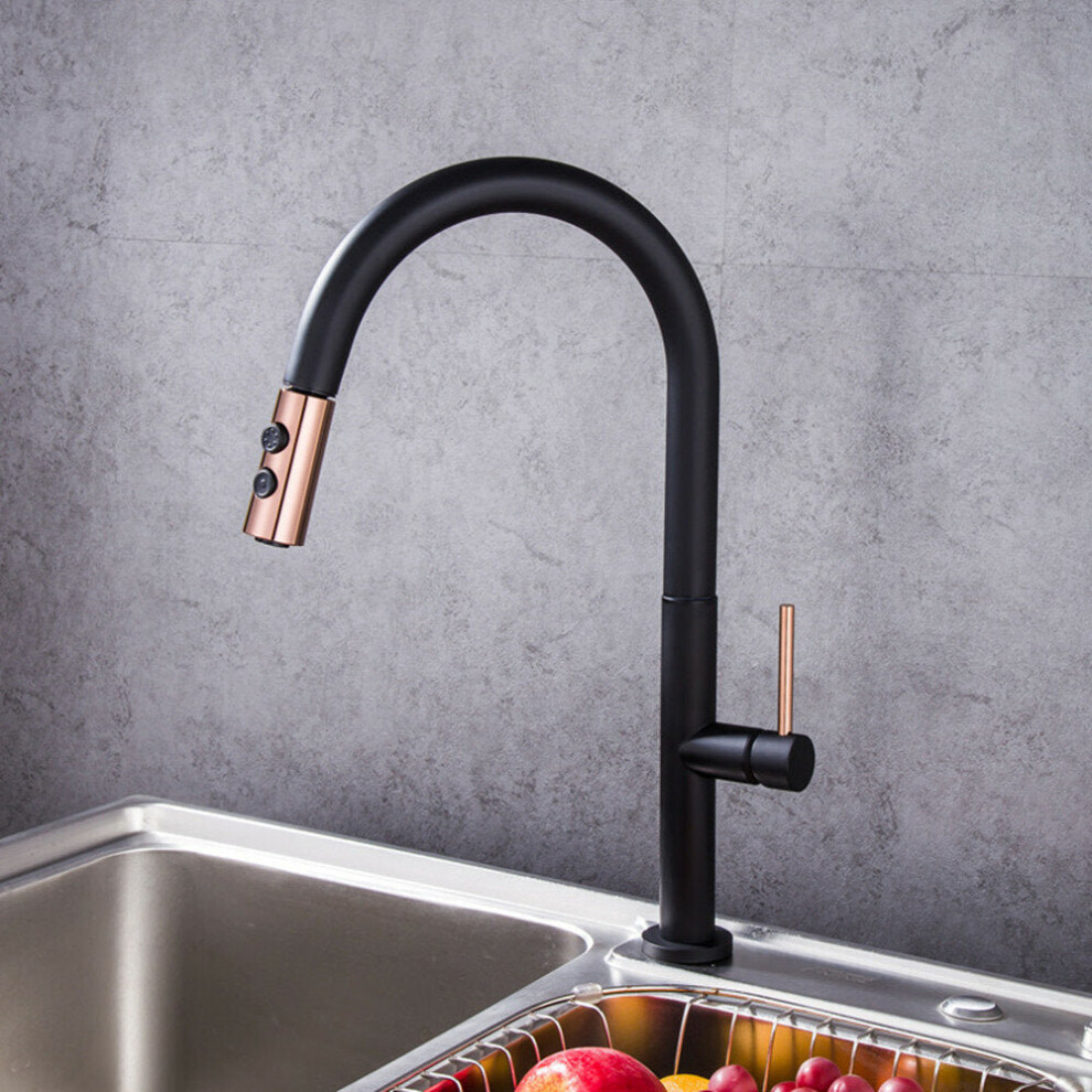 (Black) Black Gold Plating Brass Kitchen Sink Faucet Pull Out Down Hot Cold Water Single Handle Basin Mixer Tap