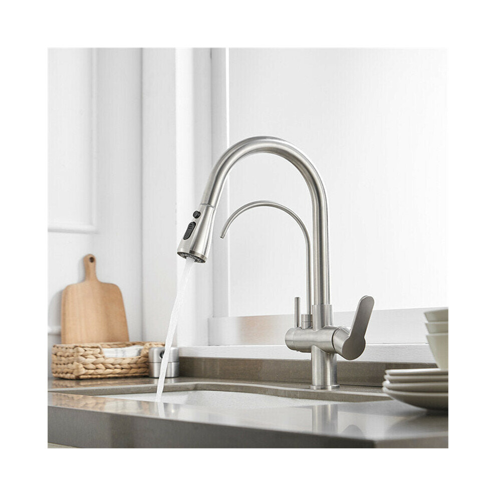 (Silver) 3 in 1 Kitchen Pull Down Sprayer 360 Rotating Hot and Cold Water Mixer Tap Direct Drinking Faucet