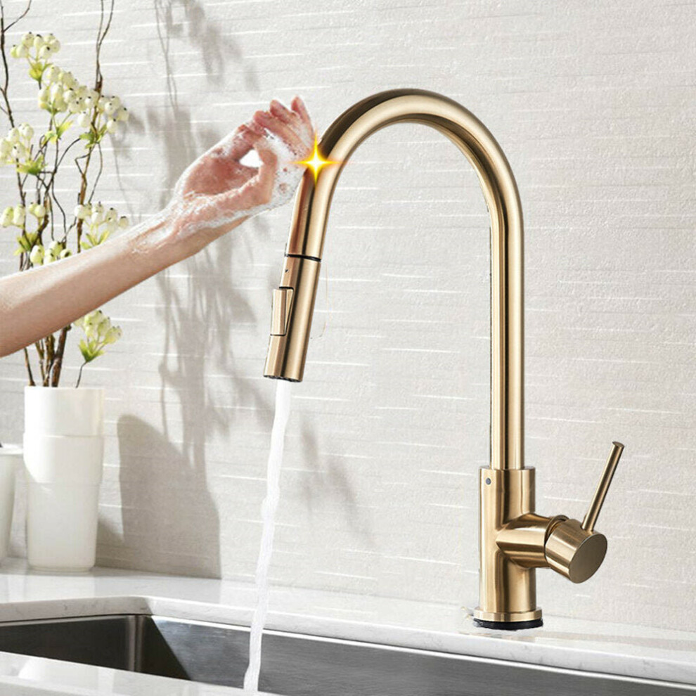 Brushed Gold Stainless Steel Kitchen Sink Faucets Mixer 360 Rotation Smart Touch Sensor Pull Out Hot Cold Water Tap Crane