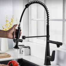 (Black, Round Handle) Kitchen Faucet with Flexible Pull-Down Sprayer
