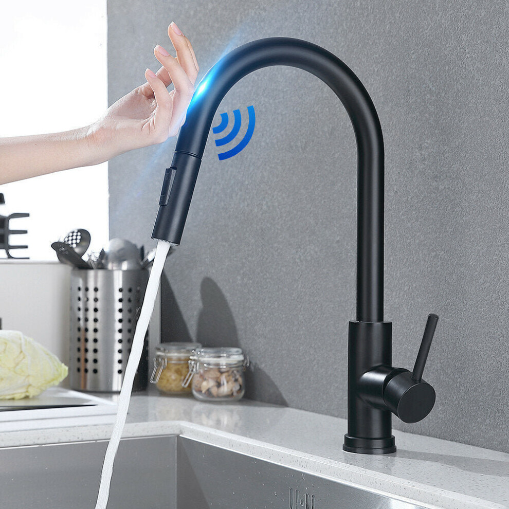 Matte Black Stainless Steel Kitchen Sink Faucets Mixer Smart Touch Sensor Pull Out Hot Cold Water Tap Crane