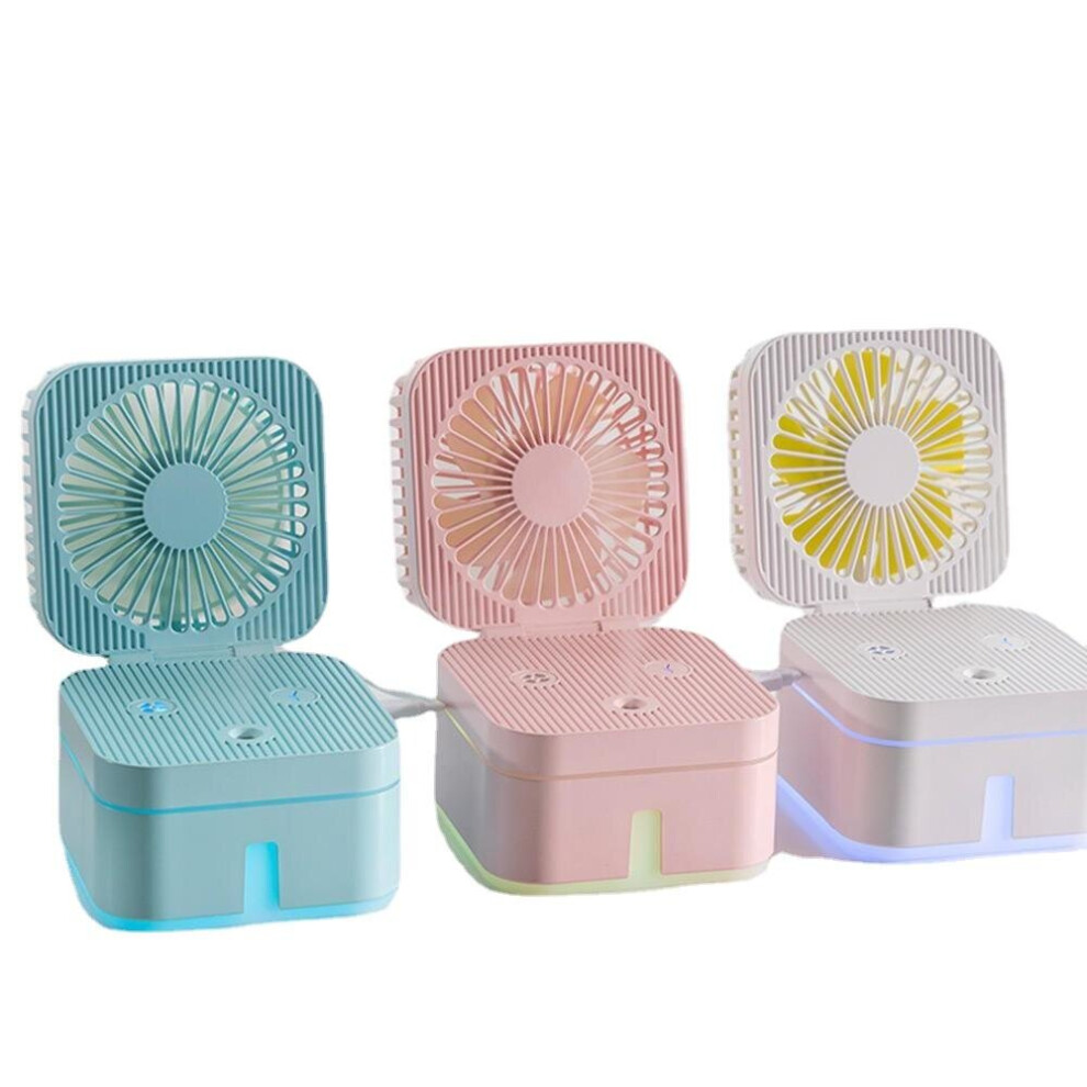 (Blue) Multi-function humidifier Mini Fan Strong Wind Mute Humidification Night Light Fan