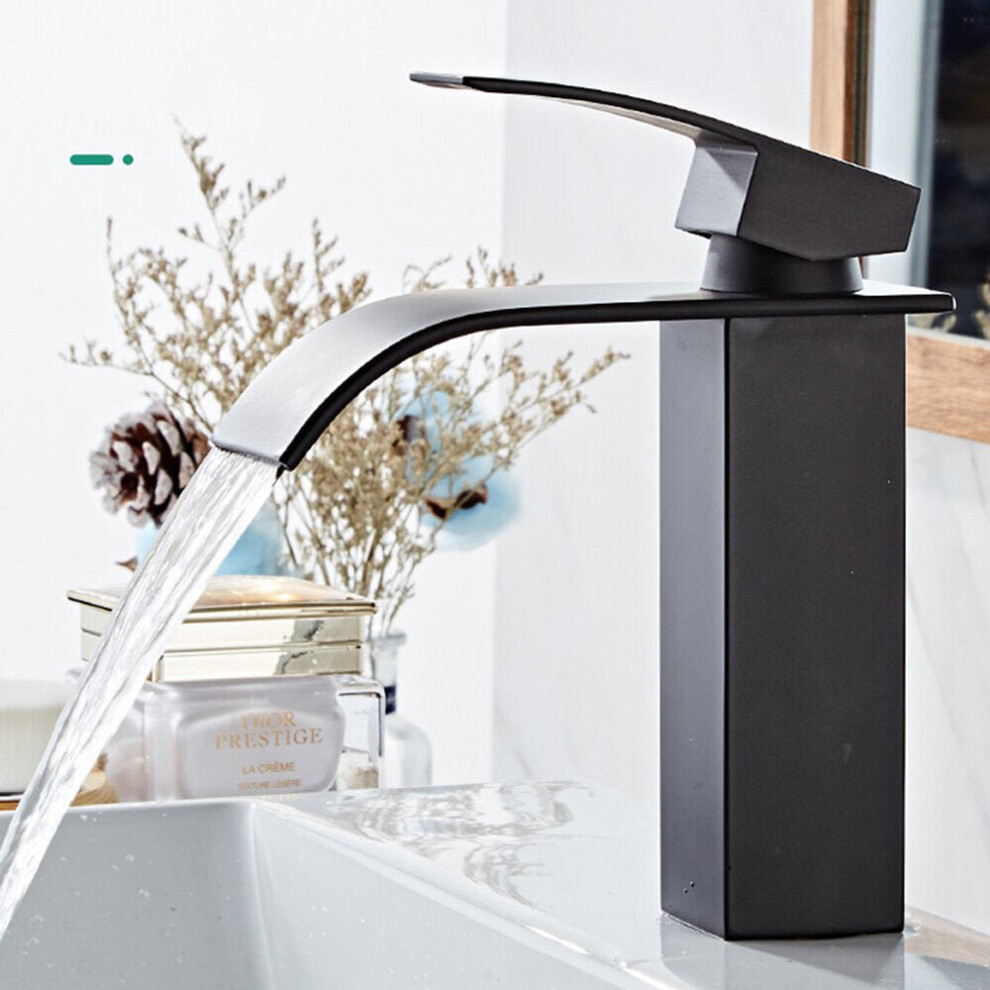 (18cm) Waterfall Black Bathroom Basin Faucet Single Lever Hole Hot And Cold Washing Tap