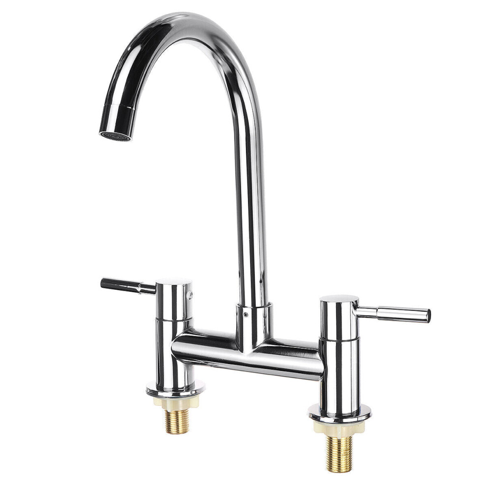 Kitchen Sink Faucet Hot Cold Mixer Tap Double Handle Hole Spout Finish Brushed Swivel Spray 360