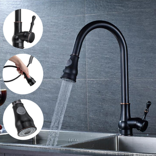 (Black) Kitchen Sink Faucet Pull Out Sprayer 360 Rotate Single Handle Mixer Tap Copper 2