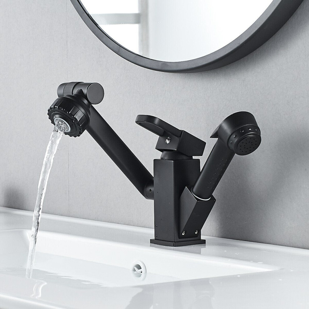 (Short Type) Bathroom Faucet Pull-Out Sink Adjustable and Rotatable with Sprayer Two Flow Modes Modern Lavatory Basin