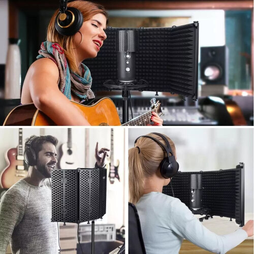 microphone Isolation Shield 5-Panel Wind Screen Foldable 3/8" and 5/8" Threaded High Density Absorbing Foam for Recording Studio 2