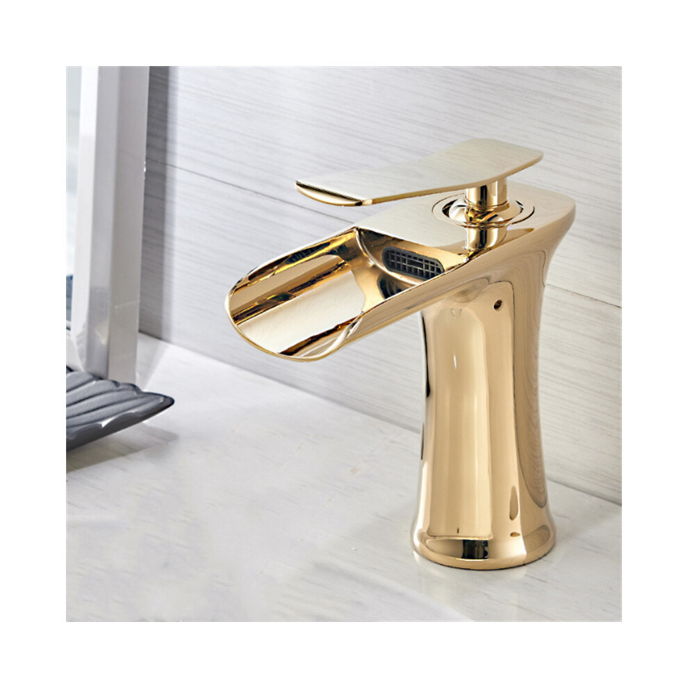 (Gold) Bathroom Basin Waterfall Faucet Hot Cold Mixer Tap Single Hole Handle Sink Modern Vanity