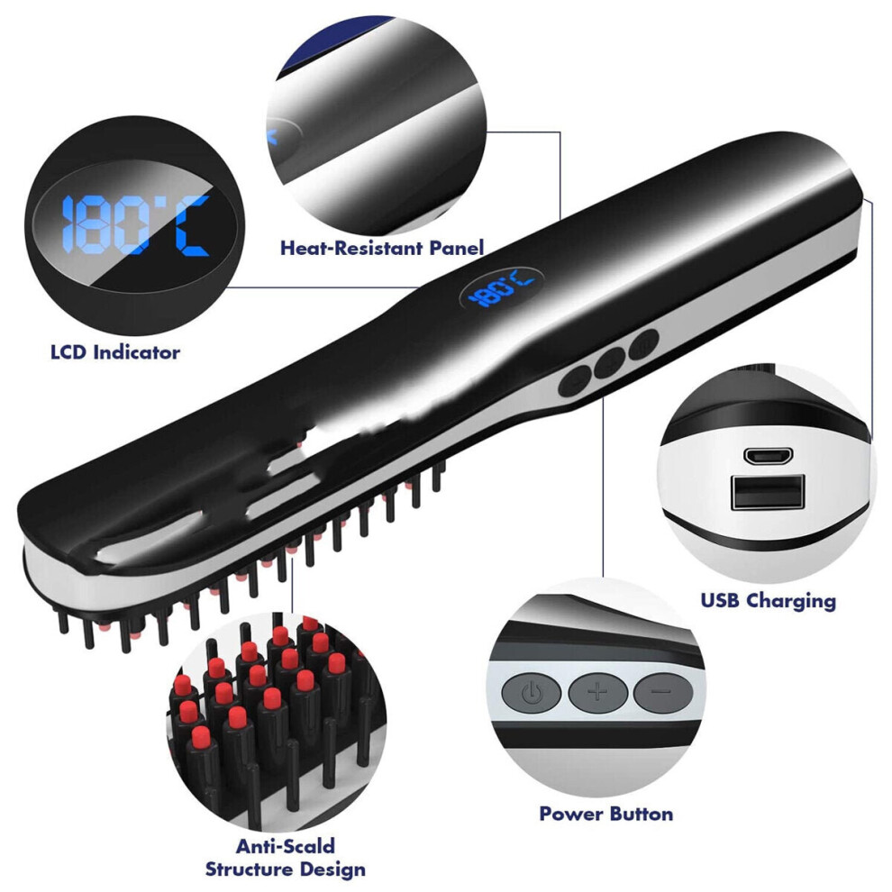 2 in1 Electric Cordless LCD Quick Beard Straightener Hair Brush Comb Curling Curler