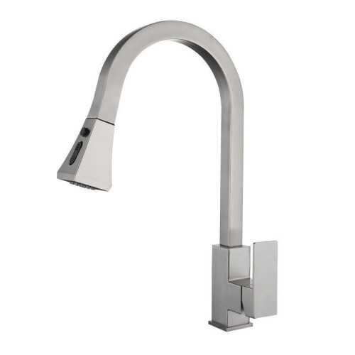 (Silver) Kitchen Sink Hot And Cold Faucet Single Handle Brushed Nickel Stainless Steel Gooseneck Wash basin Tap With Pull Down Sprayer
