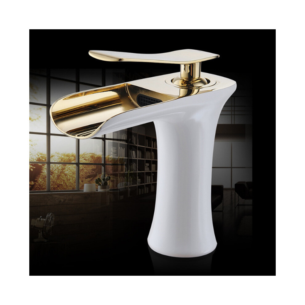 (White+Gold) Bathroom Basin Waterfall Faucet Hot Cold Mixer Tap Single Hole Handle Sink Modern Vanity