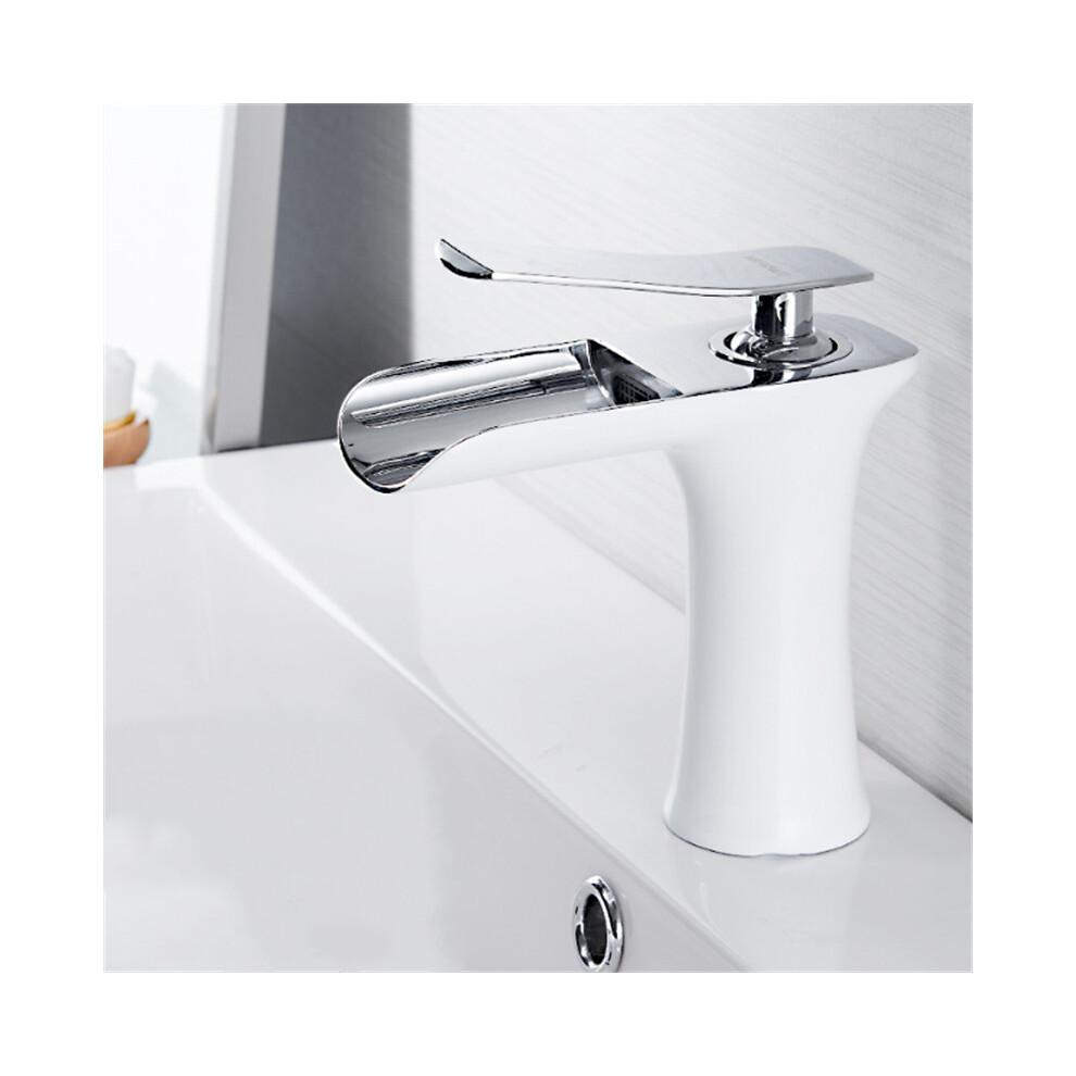 (White+Chrome) Bathroom Basin Waterfall Faucet Hot Cold Mixer Tap Single Hole Handle Sink Modern Vanity