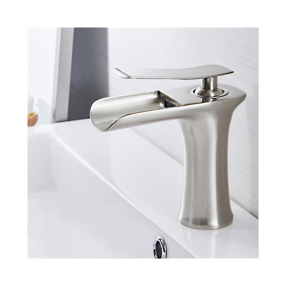 (Brushed Nickel) Bathroom Basin Waterfall Faucet Hot Cold Mixer Tap Single Hole Handle Sink Modern Vanity