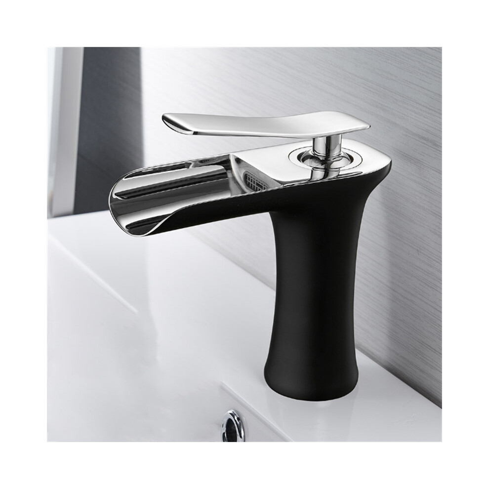 (Black+Chrome) Bathroom Basin Waterfall Faucet Hot Cold Mixer Tap Single Hole Handle Sink Modern Vanity