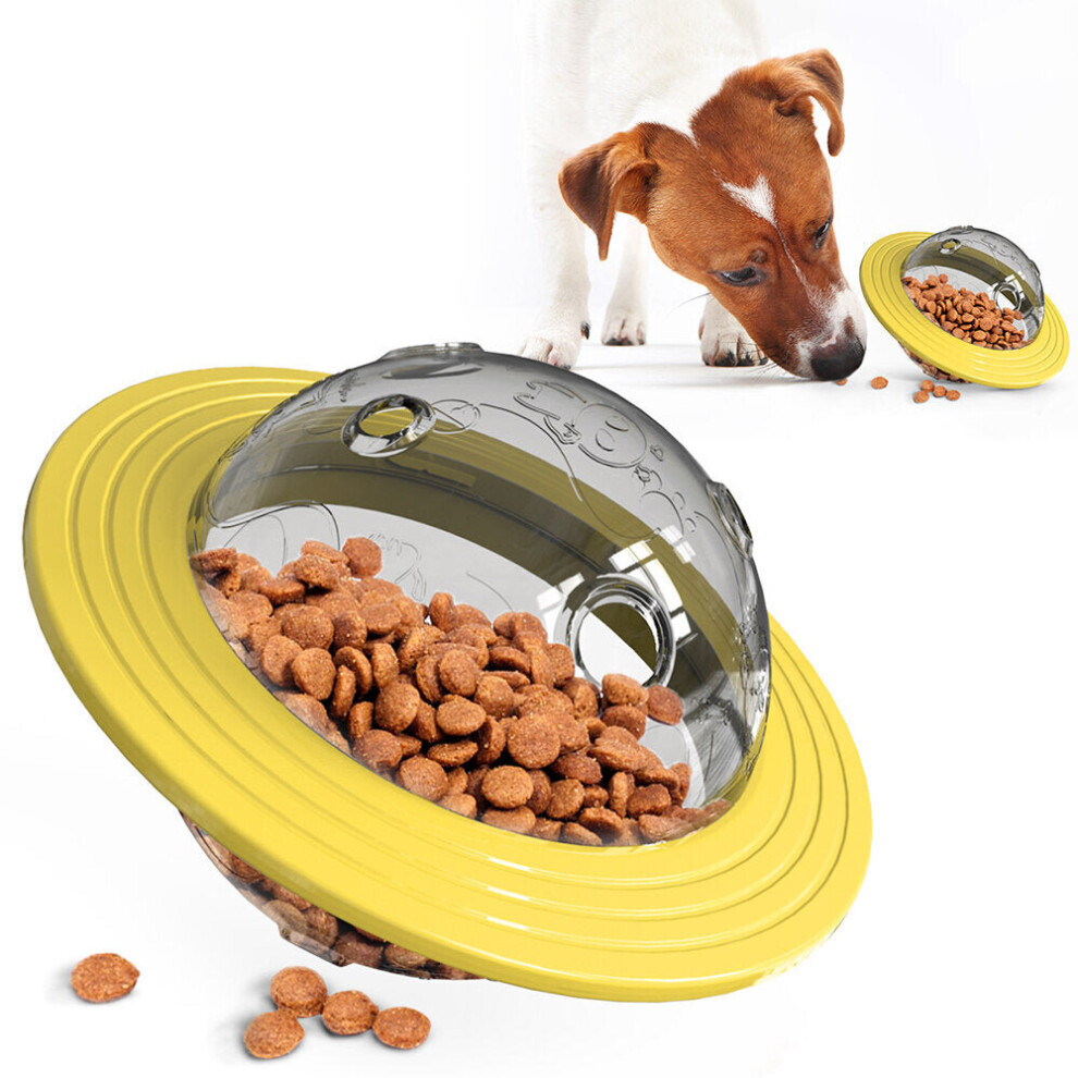 (Yellow) UFO Shape Dog Cat Food Ball Shaking Foods Leak Container