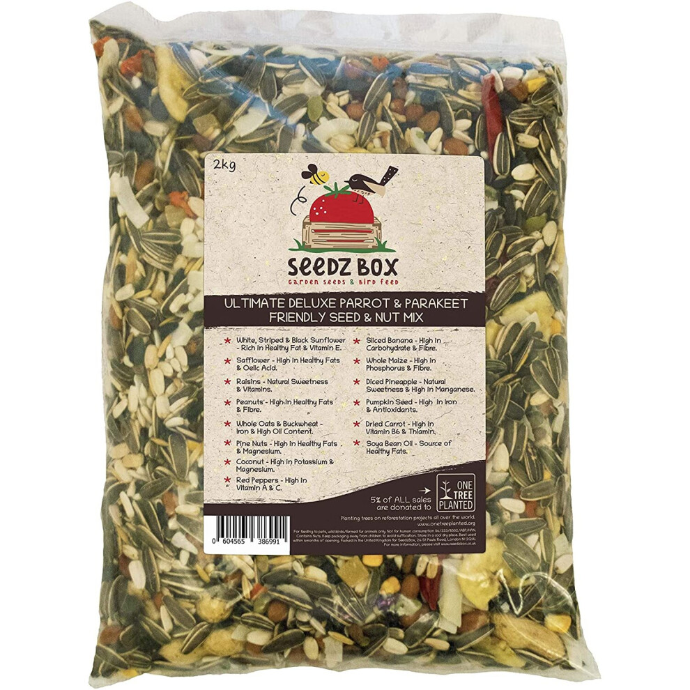 Seedzbox Ultimate Deluxe Parrot Food Seed and Nut Mix Feed â Natural Healthy Pet Treats and Snacks â Contains Banana, Pumpkin Seeds, Peanuts and