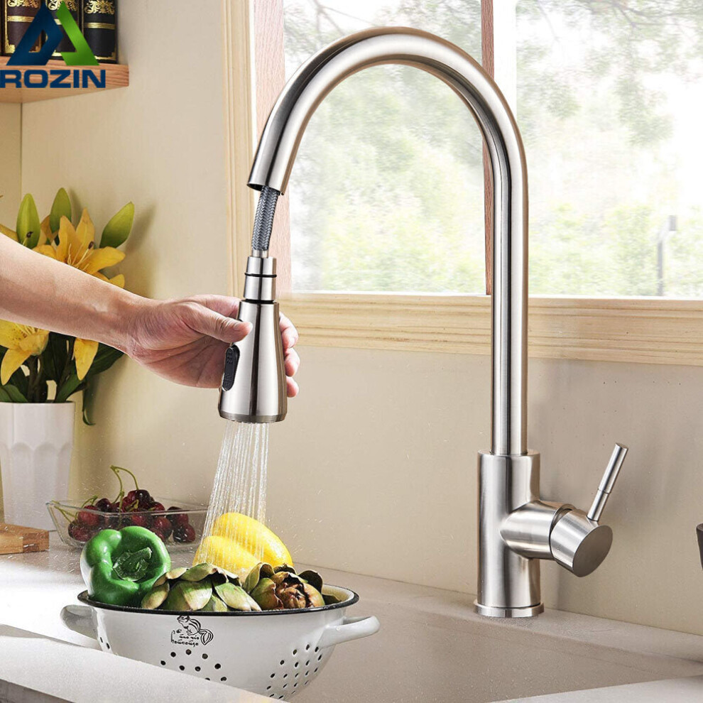 Kitchen Pull-Out Faucet Tap Mixer Spout Finish Brushed Swivel Spray 360