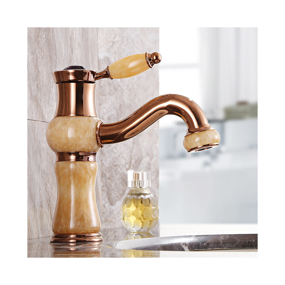 (Rose Gold, Short Type) Antique Copper Bathroom Basin Faucet Tap Hot and Cold Water Single Hole Deck Mount Mixer G1/2