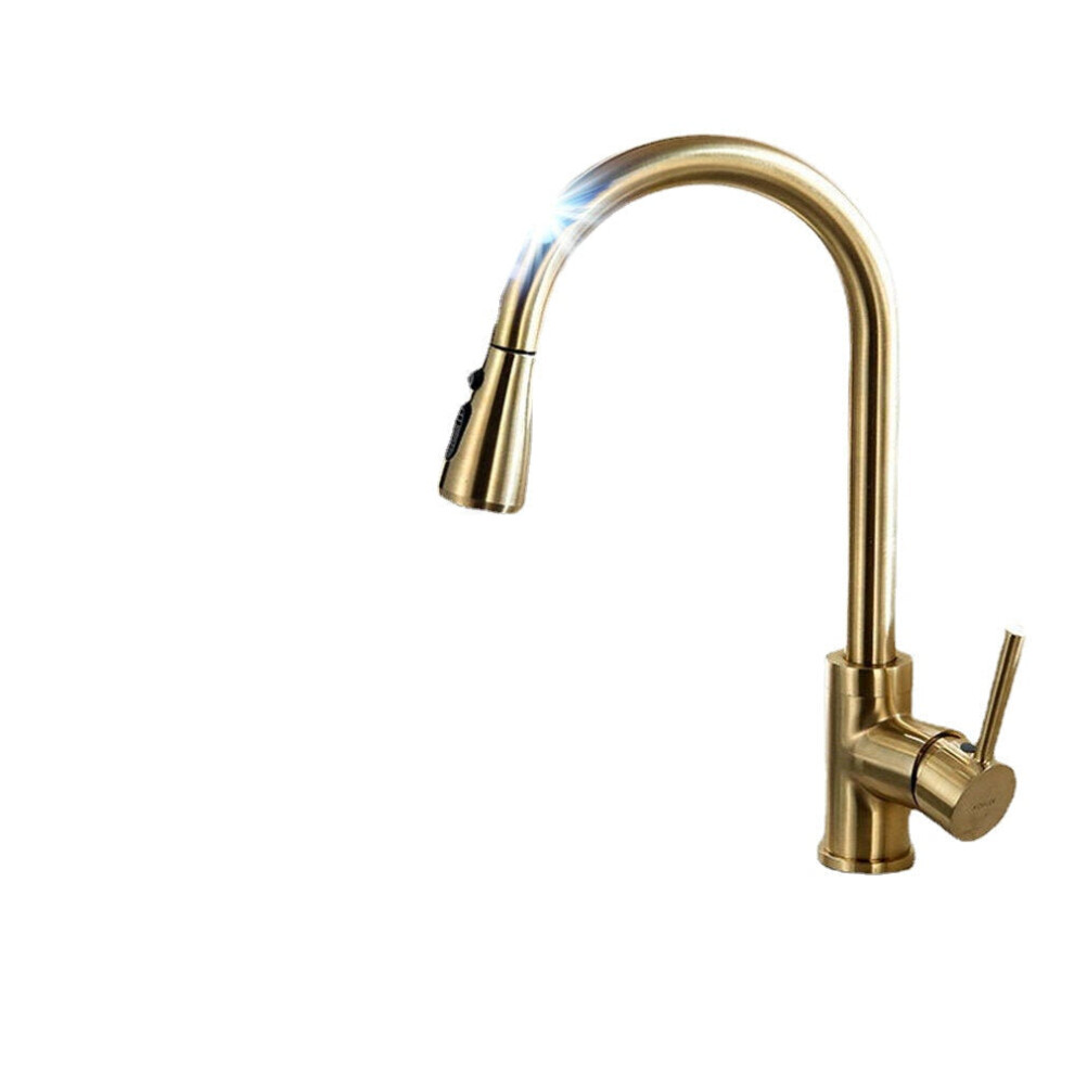 (Gold) Stainless Steel Kitchen Sink Faucets Mixer Smart Touch Sensor Pull Out Hot Cold Water Tap Crane