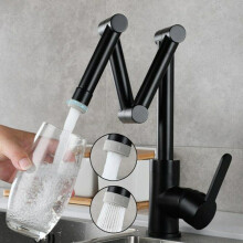 (Black) Folding Kitchen Sink Faucet Retractable Hot and Cold Mixer Tap Brass Universal Swivel Modern