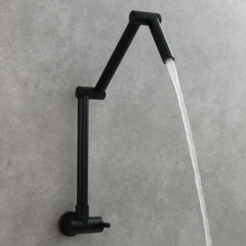 (Black) Folding Kitchen Sink Faucet Rotating Extension Single Cold Tap Wall Mounted