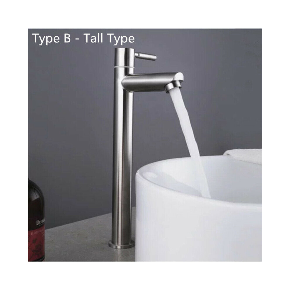 (Tall) Stainless Steel Bathroom Basin Faucet Single Cold Sink Tap With Hoses Lead Free 181mm/285mm Height