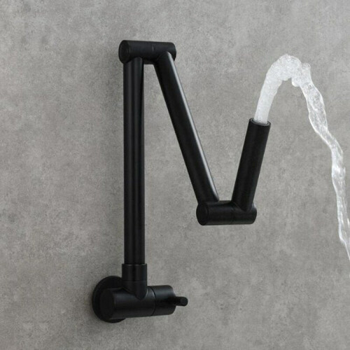 (Black) Folding Kitchen Sink Faucet Rotating Extension Single Cold Tap Wall Mounted 2