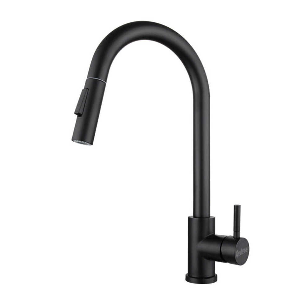 (Black) Stainless Steel Kitchen Faucet 360 Rotation With Pull Down Sprayer Fingerprint Resistant Hot Cold Water Mixer Tap