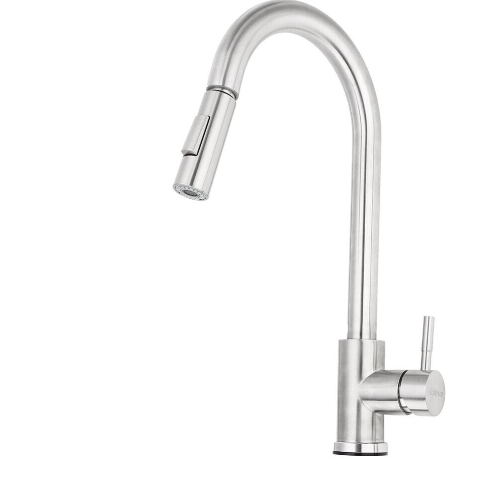 (Silver) Stainless Steel Kitchen Faucet 360 Rotation With Pull Down Sprayer Fingerprint Resistant Hot Cold Water Mixer Tap